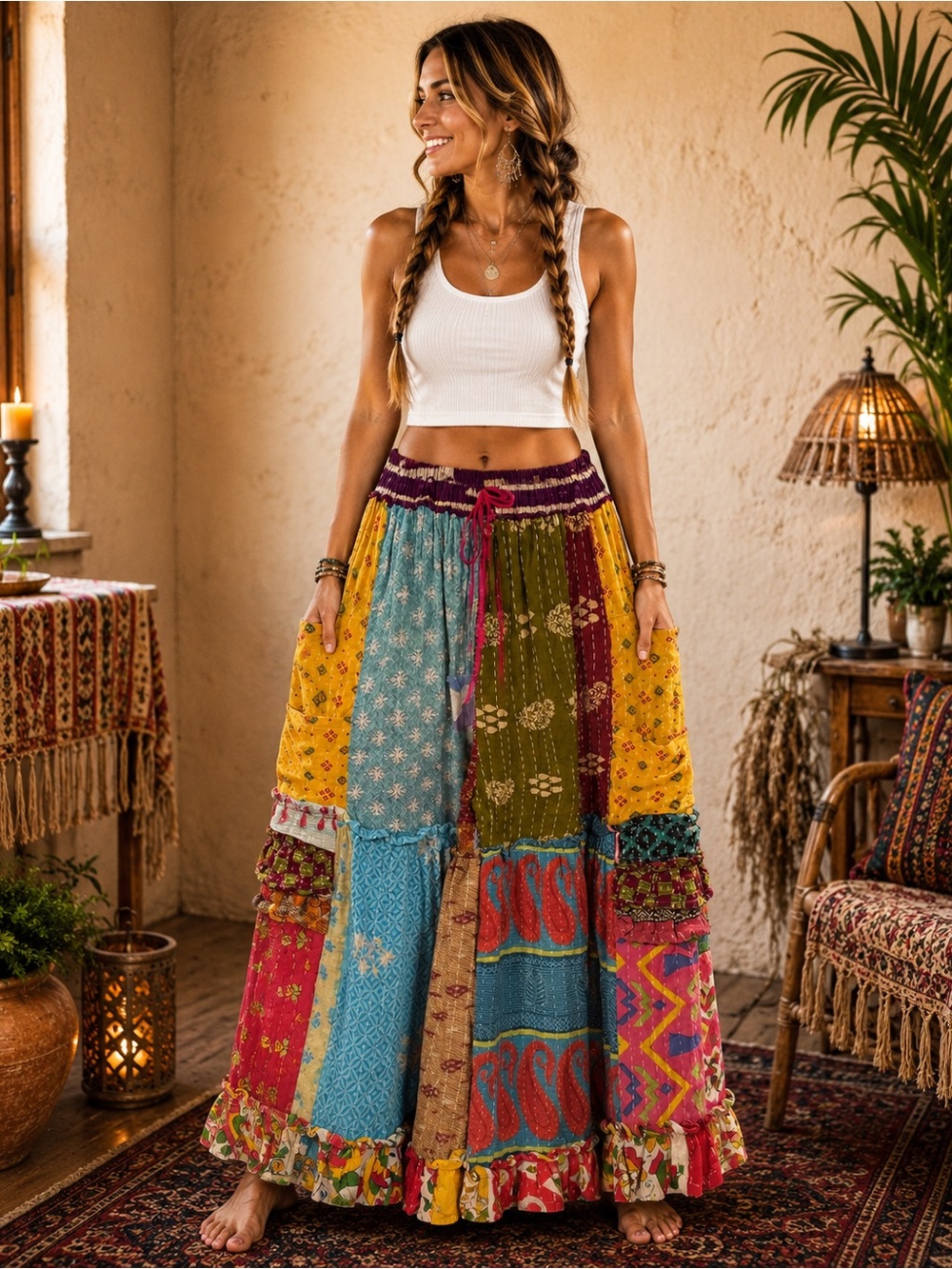 13 PANTS  15-20”W Ruffled Tiered Boho Pockets Size Friendly Handmade Boho Kantha